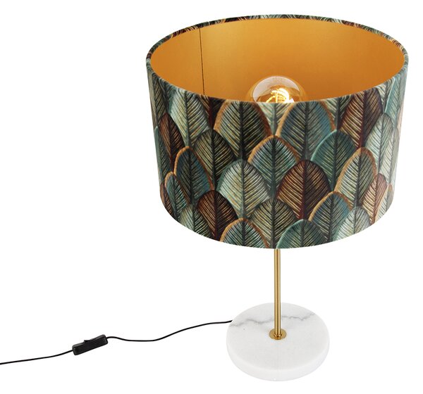 Lampă de masă din alamă cu abajur din catifea, design frunze și interior auriu - Kaso