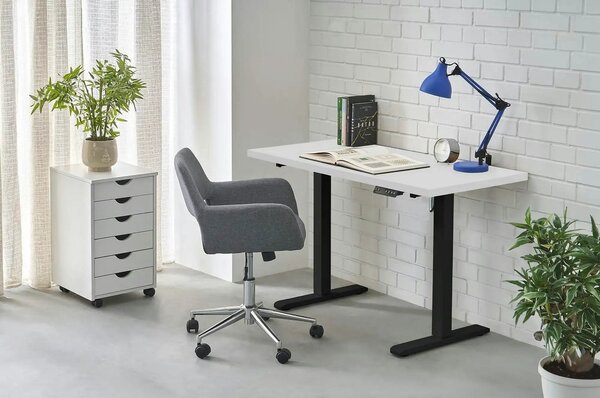 Masa birou B54, alb/negru, PAL laminat/otel, 120x60x75-120 cm