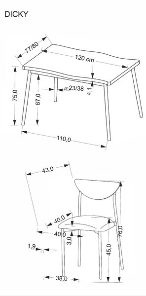 Set masa cu 4 scaune DICKY, stejar/negru/gri, stofa clasica/PAL/metal