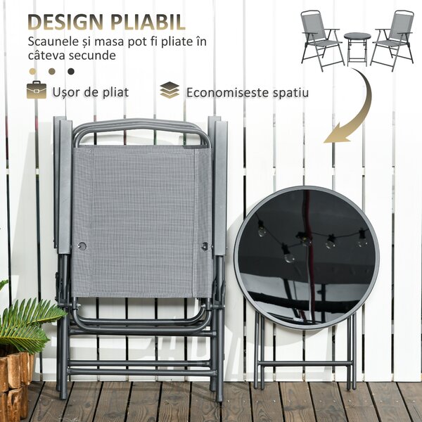 Outsunny Set de Exterior din 3 Piese cu Masă cu Blat din Sticlă și 2 Scaune Pliabile din Plasă, Ф45x50 cm, Gri Deschis | Aosom Romania
