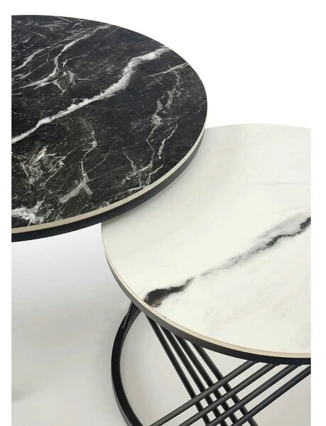 Set 2 masute cafea FLAMINGO, negru cu efect de marmura/alb cu efect de
