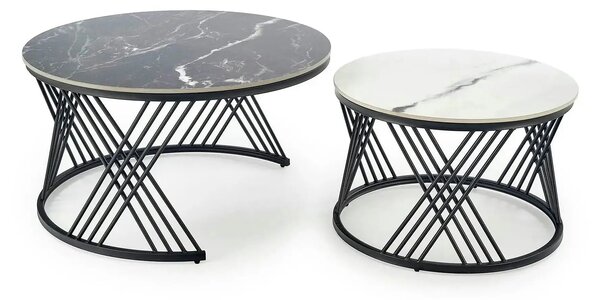 Set 2 masute cafea FLAMINGO, negru cu efect de marmura/alb cu efect de