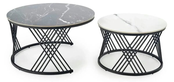 Set 2 masute cafea FLAMINGO, negru cu efect de marmura/alb cu efect de