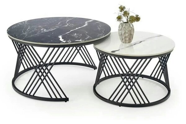 Set 2 masute cafea FLAMINGO, negru cu efect de marmura/alb cu efect de