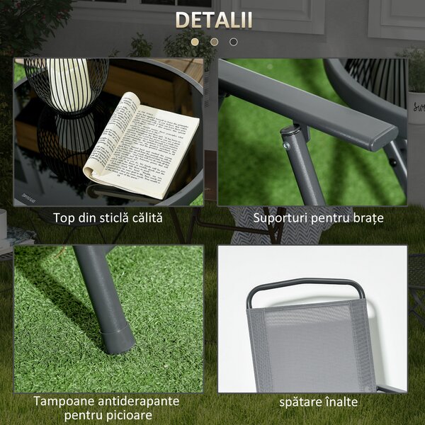 Outsunny Set de Exterior din 3 Piese cu Masă cu Blat din Sticlă și 2 Scaune Pliabile din Plasă, Ф45x50 cm, Gri Deschis | Aosom Romania
