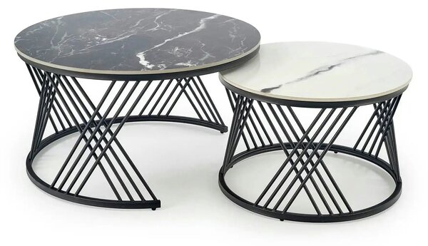 Set 2 masute cafea FLAMINGO, negru cu efect de marmura/alb cu efect de