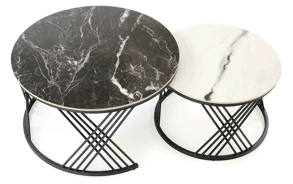 Set 2 masute cafea FLAMINGO, negru cu efect de marmura/alb cu efect de