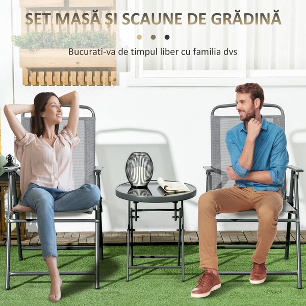 Outsunny Set de Exterior din 3 Piese cu Masă cu Blat din Sticlă și 2 Scaune Pliabile din Plasă, Ф45x50 cm, Gri Deschis | Aosom Romania