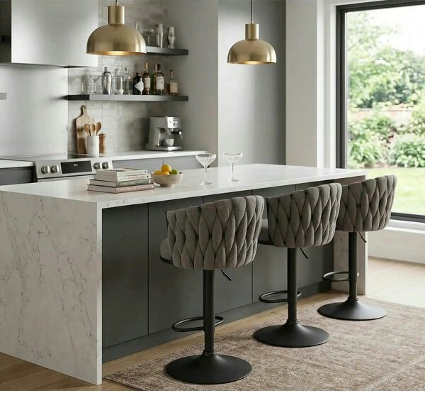 Scaun bar textil H125, gri - Nea 15, stofa clasica/otel, 53x54x90/105