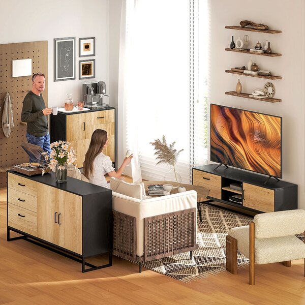 HOMCOM Bufet Modern de Depozitare cu 3 Dulapuri și 2 Sertare din Pal Melaminat și Oțel, 80x35x88 cm, Lemn Natural | Aosom Romania