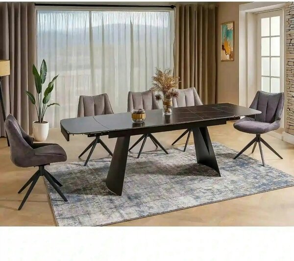Masa extensibila BACARDI, negru mat cu efect de marmura, ceramica/meta