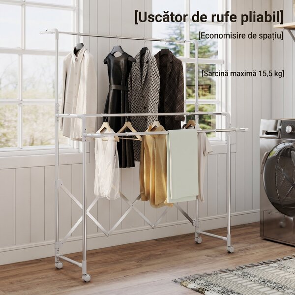 HOMCOM Uscător de Rufe Pliabil cu 3 Bare Reglabile, Uscător Vertical cu Roți Pivotante și Cadru din Oțel Inox, Uscător pentru Acasă și Spălătorie, Argintiu | Aosom Romania