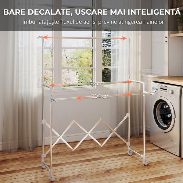 HOMCOM Uscător de Rufe Pliabil cu 3 Bare Reglabile, Uscător Vertical cu Roți Pivotante și Cadru din Oțel Inox, Uscător pentru Acasă și Spălătorie, Argintiu | Aosom Romania