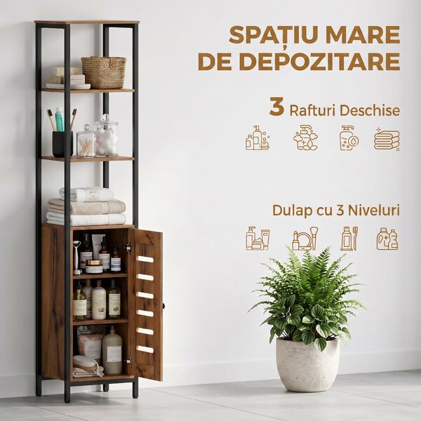 Kleankin Dulap Baie Înalt și Îngust, Dulăpior Economisitor cu Uși Tip Jaluzea, 3 Rafturi Deschise, Maro Rustic | Aosom Romania