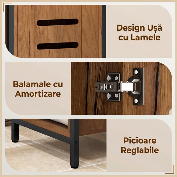 Kleankin Dulap Baie Înalt și Îngust, Dulăpior Economisitor cu Uși Tip Jaluzea, 3 Rafturi Deschise, Maro Rustic | Aosom Romania