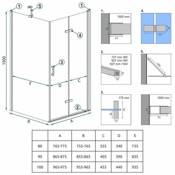 Rea Molier, cabină de duș 90 (uşă) x 90 (perete) x 190 cm, sticlă transparentă de 6 mm, profil cromat, KPL-K0539