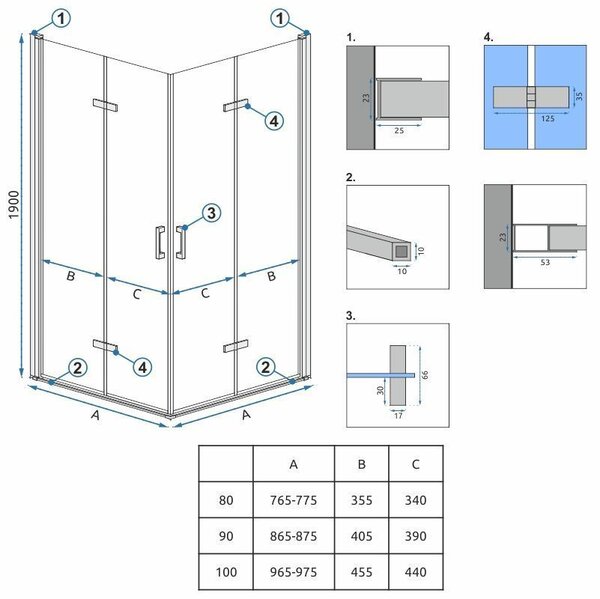 Rea Molier Double, cabină de duș cu ușă rabatabilă 90 (uşă) x 90 (uşă), sticlă transparentă de 6 mm, profil cromat, KPL-K6372