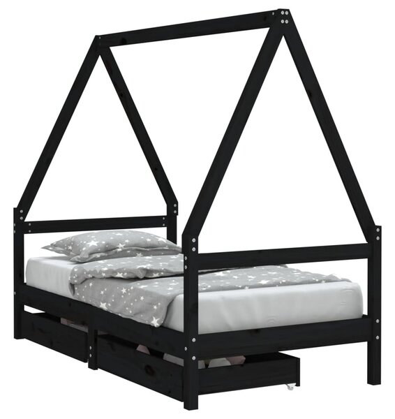 Cadru de pat copii cu sertare, negru, 80x160 cm, lemn masiv pin