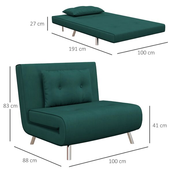 HOMCOM Fotoliu Pat Convertibil 3 în 1, Rabatabil, Tapiterie Catifea, Pernă Inclusă, 100x88x83cm, Verde Închis | Aosom Romania