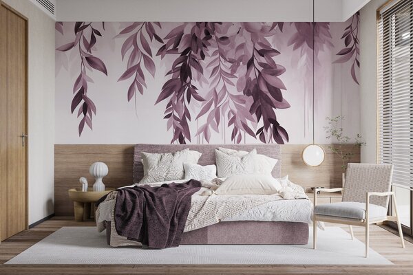 Tapet Frunze abstracte suspendate, în nuanțe de violet și roz, cu tulpini lungi și subțiri, Fototapet Acuarelă, w10057v1 : Uwalls.ro