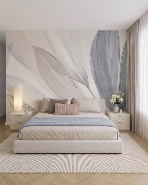 Tapet Frunze abstracte, translucide, în nuanțe de roz pastel, bej și albastru, pe un fundal texturat, Imagini de fundal unice, w10063 : Uwalls.ro