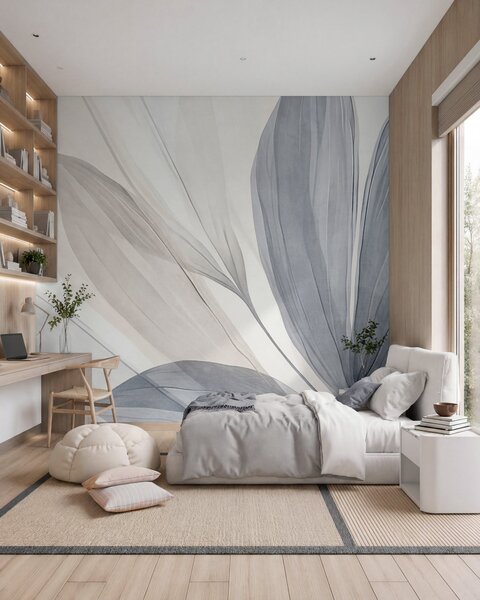 Tapet Frunze abstracte, translucide, în nuanțe de roz pastel, bej și albastru, pe un fundal texturat, Imagini de fundal unice, w10063 : Uwalls.ro