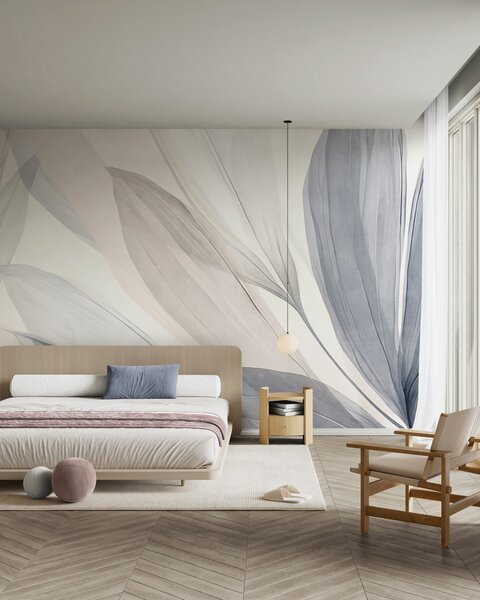 Tapet Frunze abstracte, translucide, în nuanțe de roz pastel, bej și albastru, pe un fundal texturat, Imagini de fundal unice, w10063 : Uwalls.ro