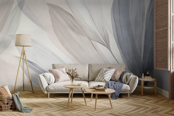 Tapet Frunze abstracte, translucide, în nuanțe de roz pastel, bej și albastru, pe un fundal texturat, Imagini de fundal unice, w10063 : Uwalls.ro