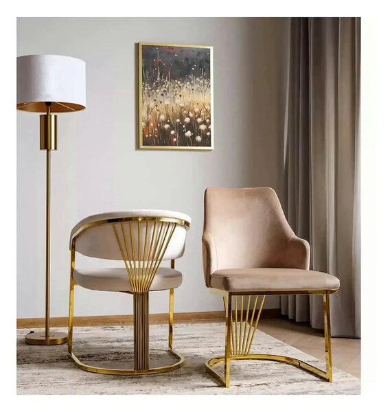 Scaun bej tapitat CROWN, stofa catifelata/metal, 57x64x77 cm