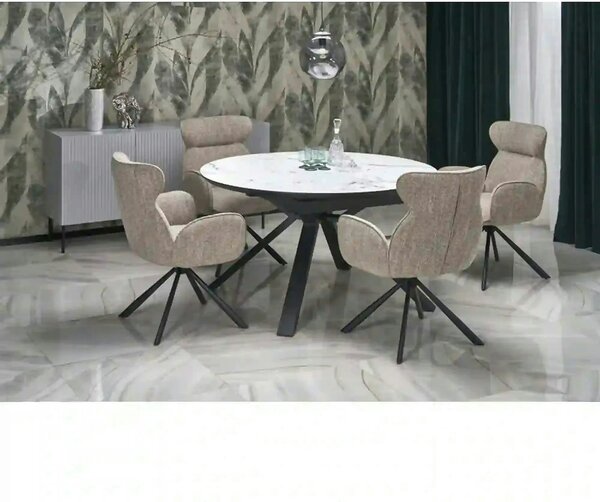Masa rotunda extensibila 6 persoane VERTIGO, alb cu efect de marmura/n