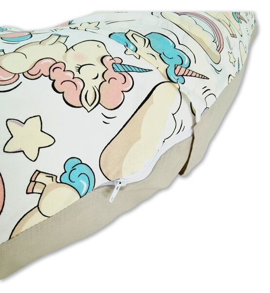 Perna gravide multifunctionala 8 in 1 Kidizi Luna Beige Unicorn 230x35 cm, husa detasabila din bumbac