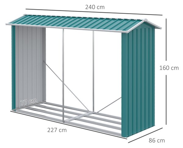 Outsunny Magazie de Depozitare a Buștenilor, Casă pentru Lemne de Foc din Otel Galvanizat cu Podea Înălțată, 240x86x160 cm, Verde | Aosom Romania