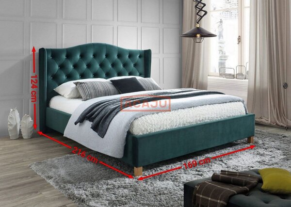 Pat ASPEN 160x200, stofa catifelata verde - Bluvel 78, cu somiera