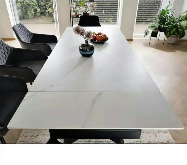 Masa extensibila LACONI, alb cu efect de marmura, ceramica/metal, 160/