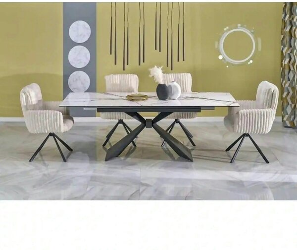 Masa extensibila LUCIANO, alb cu efect de marmura/negru, ceramica/stic