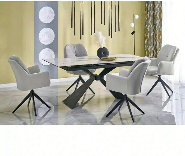 Masa extensibila LUCIANO, alb cu efect de marmura/negru, ceramica/stic
