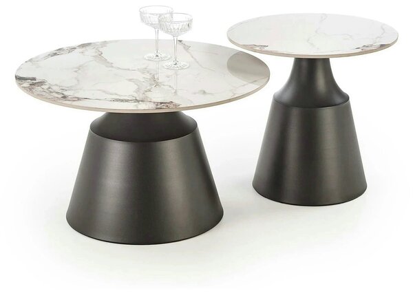Set 2 masute cafea MAGNETA, alb cu efect de marmura/negru, piatra sint