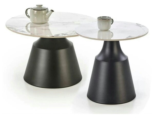 Set 2 masute cafea MAGNETA, alb cu efect de marmura/negru, piatra sint