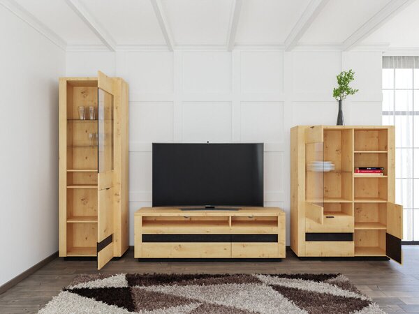 Set de living Sermeli 117, Stejar artizan, Negru, PAL laminat, Sticlă călită, MDF