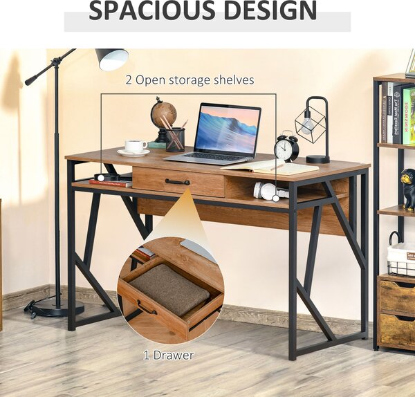HOMCOM Birou pentru Computer, 2 Compartimente și Sertar, Metal și MDF Clasa E1, 120x60x76cm, Maro, Ideal pentru Studiu | Aosom Romania