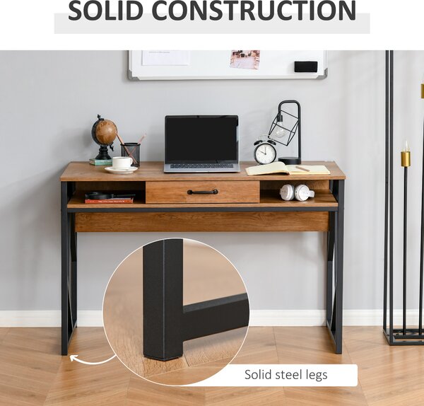 HOMCOM Birou pentru Computer, 2 Compartimente și Sertar, Metal și MDF Clasa E1, 120x60x76cm, Maro, Ideal pentru Studiu | Aosom Romania