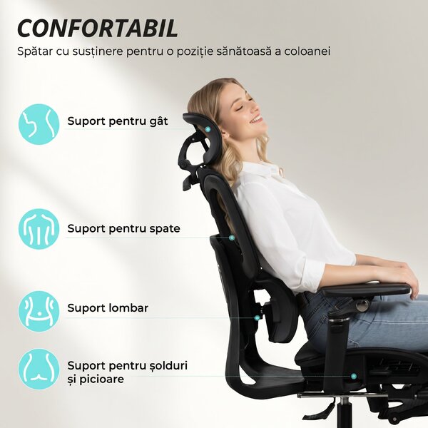 HOMCOM Scaun de Birou Ergonomic din Plasă cu Cotiere, Tetieră, Spătar Reglabil, Funcție Legănare, Negru | Aosom Romania