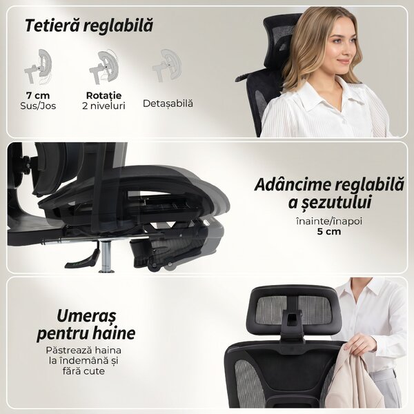 HOMCOM Scaun de Birou Ergonomic din Plasă cu Cotiere, Tetieră, Spătar Reglabil, Funcție Legănare, Negru | Aosom Romania