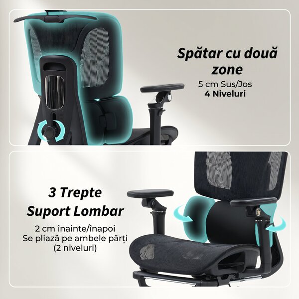 HOMCOM Scaun de Birou Ergonomic din Plasă cu Cotiere, Tetieră, Spătar Reglabil, Funcție Legănare, Negru | Aosom Romania