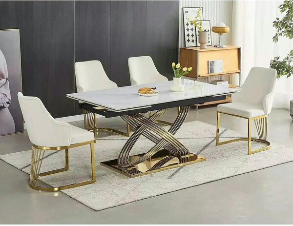 Masa extensibila HERMES II, alb cu efect de marmura/auriu, ceramica/me