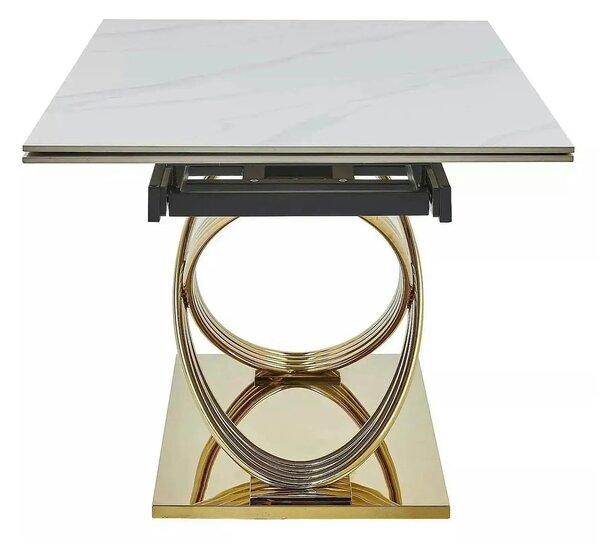 Masa extensibila HERMES II, alb cu efect de marmura/auriu, ceramica/me