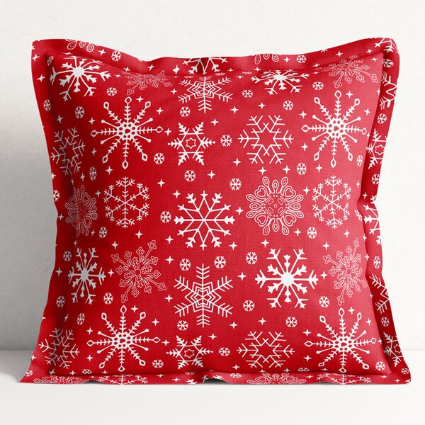 Goldea față de pernă din bumbac cu tiv decorativ - model 090 de crăciun - fulgi de zăpadă pe roșu 40 x 40 cm