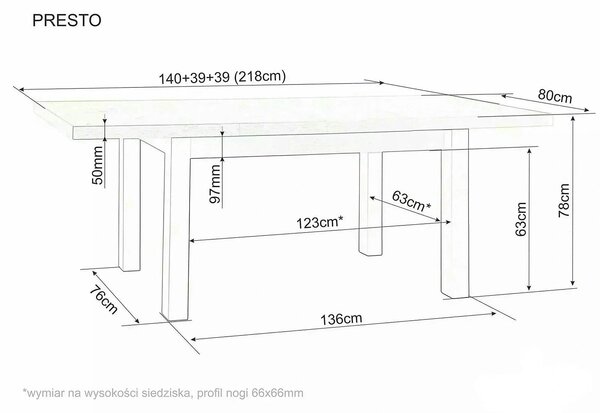 Masa extensibila PRESTO, casmir/stejar, PAL laminat, 140/218x80x78 cm