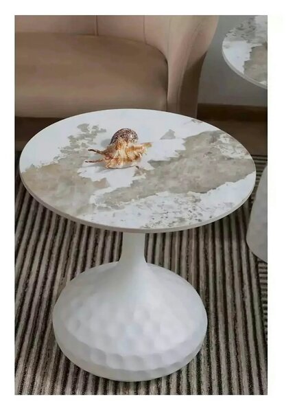 Masuta cafea SALO B, alb cu efect de marmura, ceramica/metal, 50x49 cm