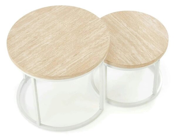 Set 2 masute cafea OREO, piatra travertin/alb